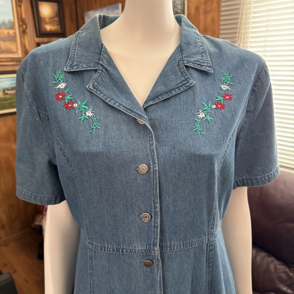 Vintage Floral Embroidered Denim Cottagecore Dress